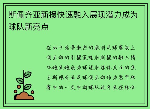 斯佩齐亚新援快速融入展现潜力成为球队新亮点