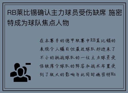 RB莱比锡确认主力球员受伤缺席 施密特成为球队焦点人物