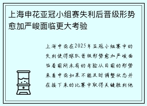 上海申花亚冠小组赛失利后晋级形势愈加严峻面临更大考验