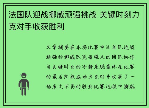 法国队迎战挪威顽强挑战 关键时刻力克对手收获胜利